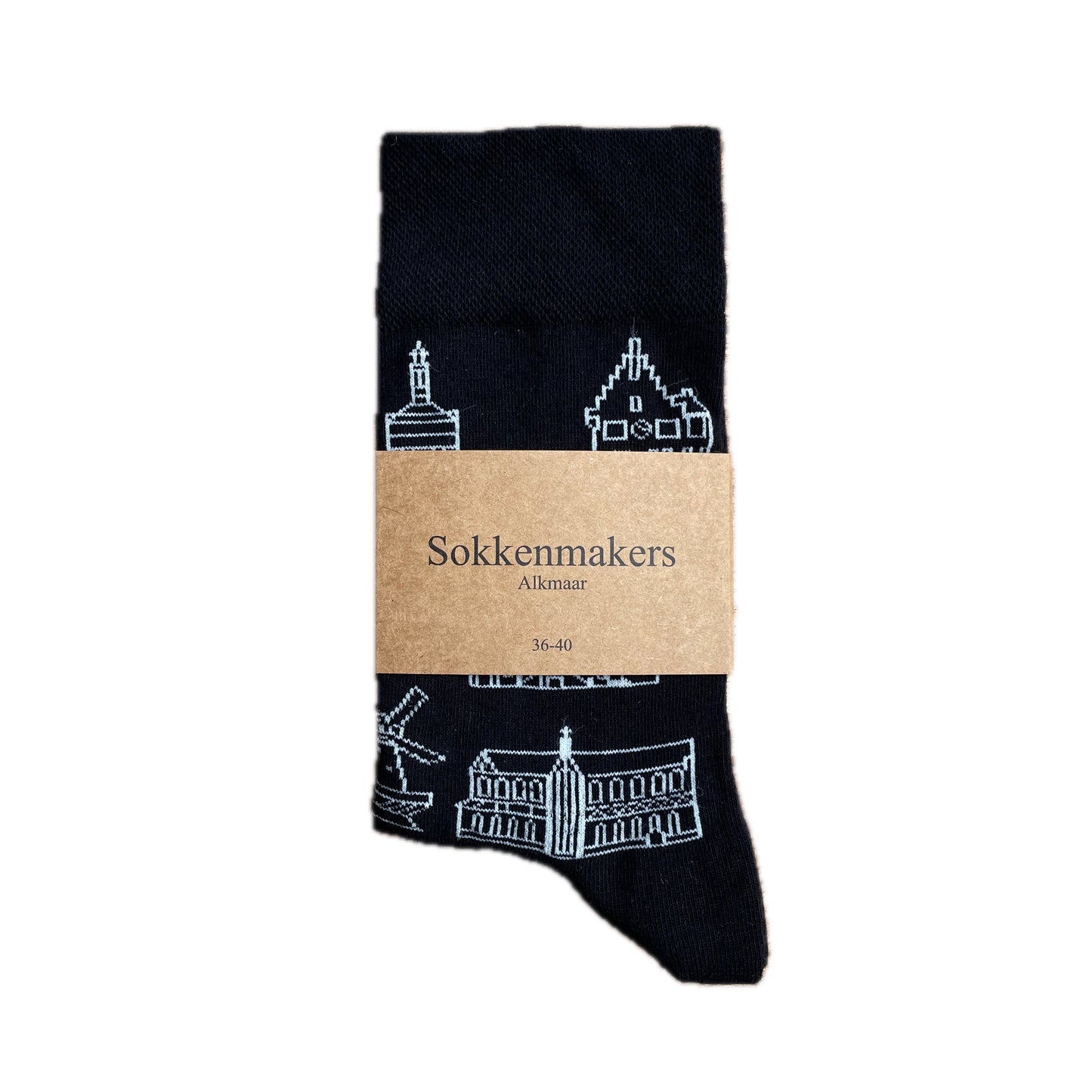 Zwarte, hoogwaardige sokken met witte lijndesigns van iconische Alkmaarse gebouwen, idea